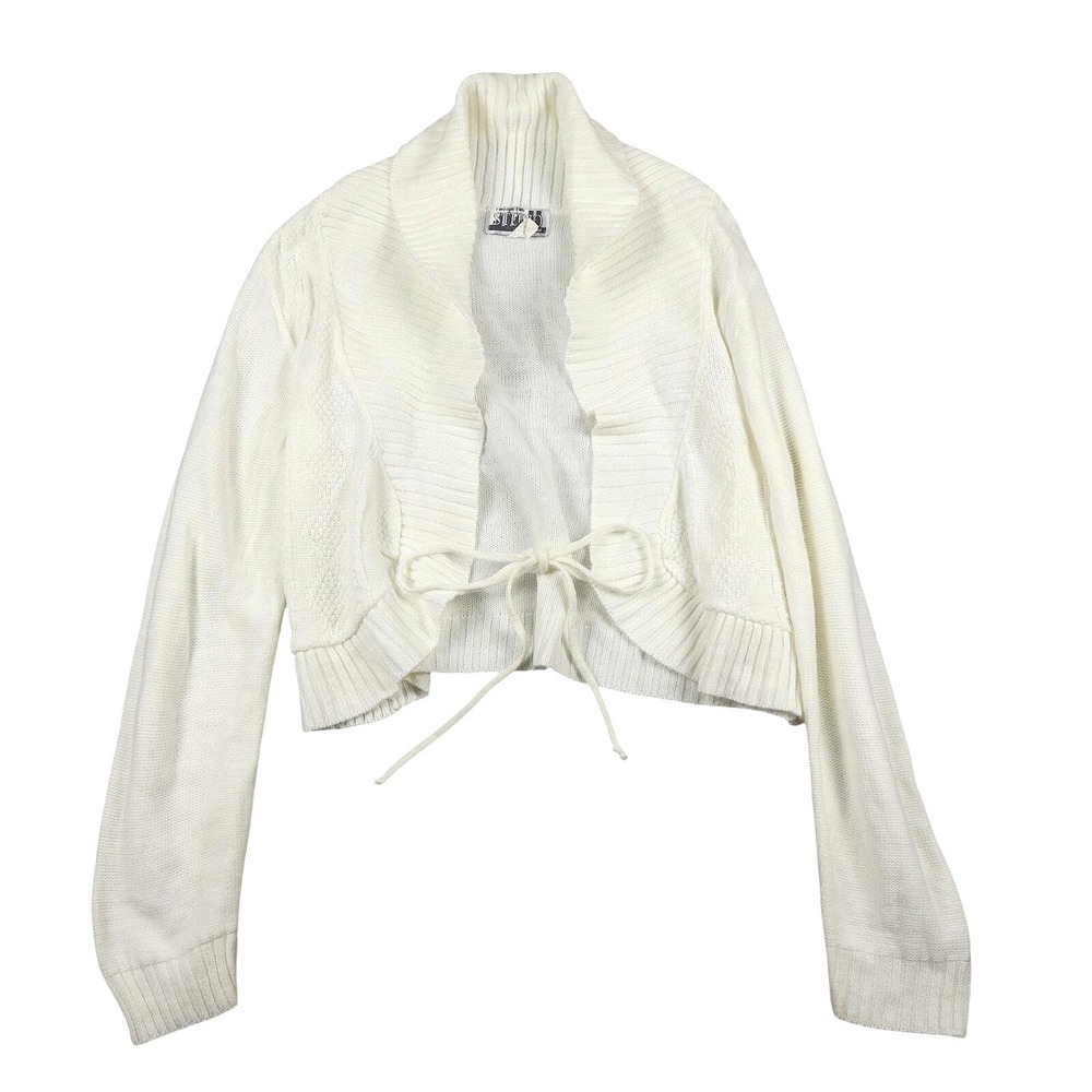 Vintage Women White Cropped Knit Cardigan Tie Front Shawl Collar‎ Sweater Size M
